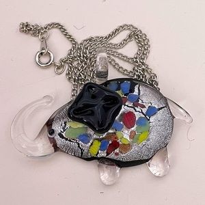 Vintage Black ART GLASS African Elephant Animal Rainbow Summer Festival Necklace